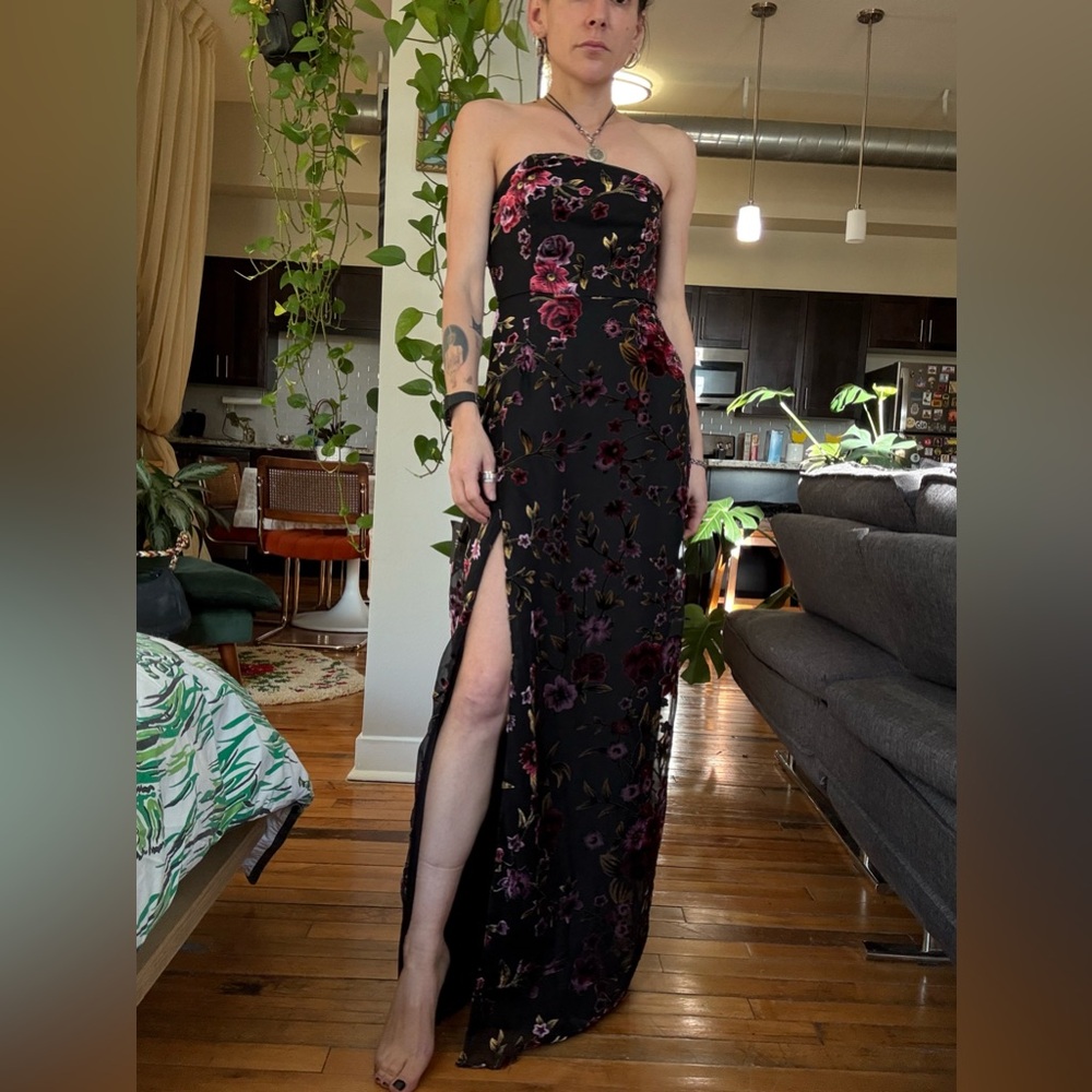 Lulu's Black Strapless Dress with Floral Design